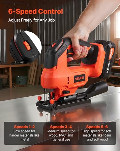VEVOR 20V Brushless Cordless Jig Saw, 7/8" Jigsaw Tool for Makita 18V Battery, 3500 SPM & 6 Variable Speed, Battery & Charger, LED Light, 0-45° Bevel Cuts, 6 Blades, 4 Orbital Settings, Wood & Metal - size: 7/8 in-110V