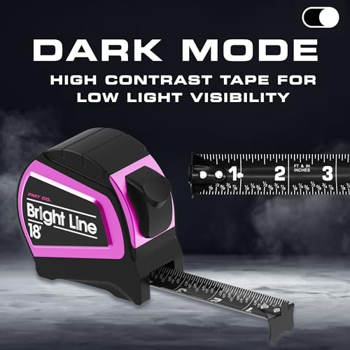 Perfect Measuring Tape - Pink BrightLine High Contrast EasyRead Tape Measure for Low Light (Dark Mode) - Rubber Case 18ft (Inch Fractions) Dual Sided Auto Lock Tape Measure Retractable (Pink) - color: Pink