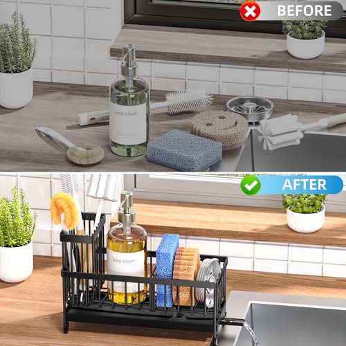 Cisily Sponge Holder for Kitchen Sink, Sink Organizer with Brush Holder - color: Black - 9.25″