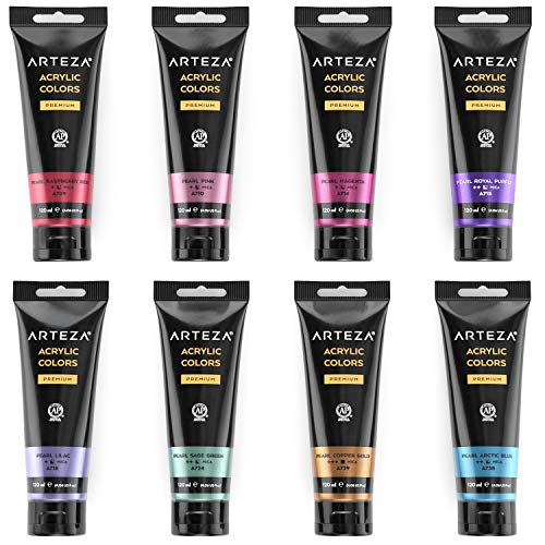 ARTEZA Metallic Acrylic Paint Set, 8 Vibrant Colors, 4.06 oz High-Viscosity - style: 8 x 120ml (4.06 fl oz) Vibrant Essentials