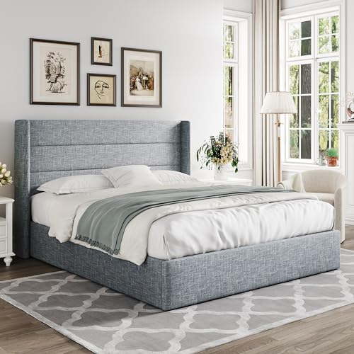 Allewie Queen Size Lift Up Hydraulic Storage Bed Frame Blue Grey - color: Blue Grey, size: Queen, style: Modern