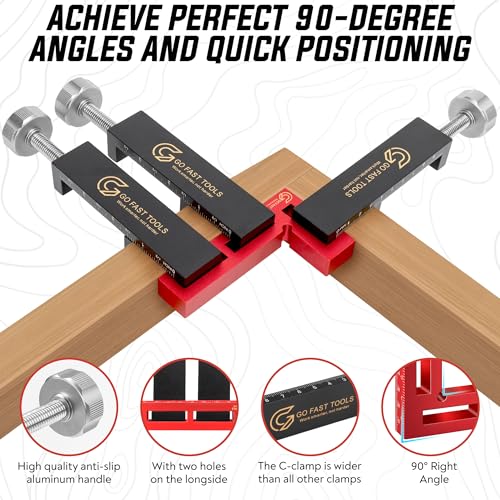 Go Fast Tools™ - Corner Clamps for Woodworking - Durable & Versatile 90 Degree Right Angle Clamps, Pack 2" x 4" Aluminum Positioning Squares with 4 C-Clamps for Cabinets, Frames, and Drawers