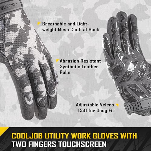 COOLJOB Mechanic Safety Work Gloves, Enhanced Anti-Slip Grip Tactical Gloves, Touchscreen, Breathable, Ultra-Soft, S-XL - color: Gray Camo, size: Large