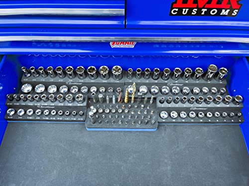 ToolGear Socket & Bit Organizer for Tool Box Drawer – Holds 80 Sockets + 50 Hex Screwdriver Bits, 1/4" & 3/8" Drive, Metric & SAE, Deep & Standard, Easy-Read Size Labels – Garage & Shop Storage Tray