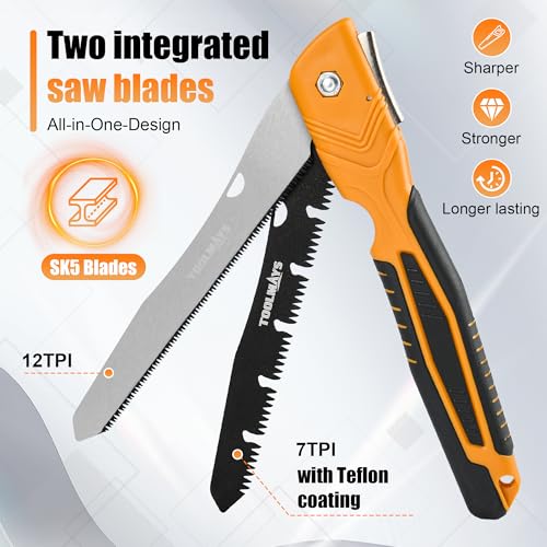 Folding Saw, 8" Branch Saw with Two Blades - color: Yellow