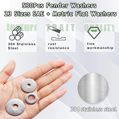 530Pcs Fender Washers for Screws and Bolts, 23 Sizes SAE & Metric Flat Assorted washers Kit,304 Stainless Steel Washers Set for Bolts (M3 M4 M5 M6 M8 M10 M12 6# 8# 10# 1/4 5/16 3/8 1/2) - size: Metric &SAE-530PCS, style: Flat Washers