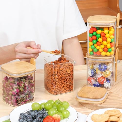 ComSaf Glass Container with Spoon & Lid 0.8 Qt, 4 Pack Glass jar with spoon | Coffee and Sugar Container Set, Coffee Bar, Salt Jar, Bamboo Lid with Silicone Seal, Spice, Seasoning Canister, BPA Free - size: 0.8Qt*4
