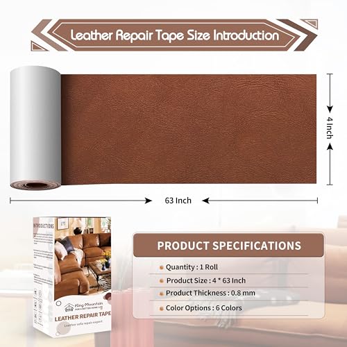 KING MOUNTAIN Leather Repair Patch,4 x 63 Inches self Adhesive Leather Repair Tape for Damaged Leather Furniture, Sofa Seating,Car Seats, Leather Goods（Classic Brown） - color: Classic Brown, size: 4" x 63"