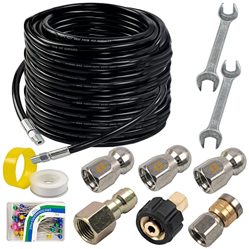 Hourleey Sewer Jetter Kit for Pressure Washer 100FT, Drain Cleaner Hose 1/4 Inch NPT, Orifice 4.0 Button Nose and Rotating Sewer Jetting Nozzle Spanner Tape Pearl Corsage Pin, 4000 PSI - size: Black-100 FT