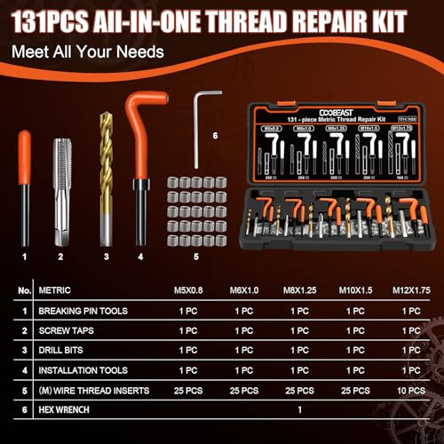 131PCS Thread Repair Kit, Metric Helicoil Repair Kit with HSS Drill Bits - size: Metric131pc