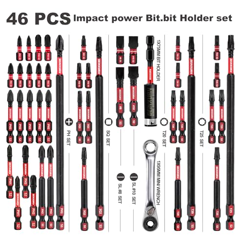 GEINXURN Impact Tough Magnetic Mixed 46Pack Insert Driver Bits, S2 Alloy Steel Screwdriver Power Bits Set with 1Pcs Impact Magnetic Bit Holder and Mini Wrench - size: MIXED-46PC