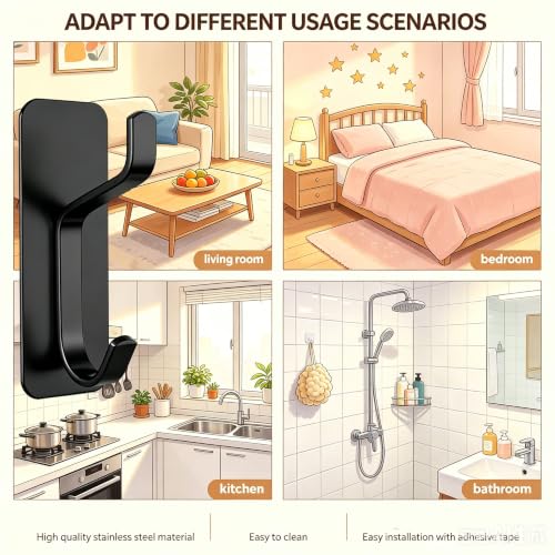 5Pcs Self Adhesive Stainless Wall Hook Key Hooks Sturdy Metal Hanger-Black - color: Black