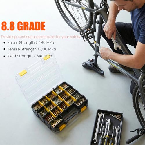 1075 Pcs Metric Bolts and Nuts Assortment Kit – Grade 8.8 | M4 M5 M6 M8 M10 M12 Hex Head Yellow Zinc Bolt Set with Nuts & Washers | 12-40mm Length with Heavy Duty Double-Sided Organizer