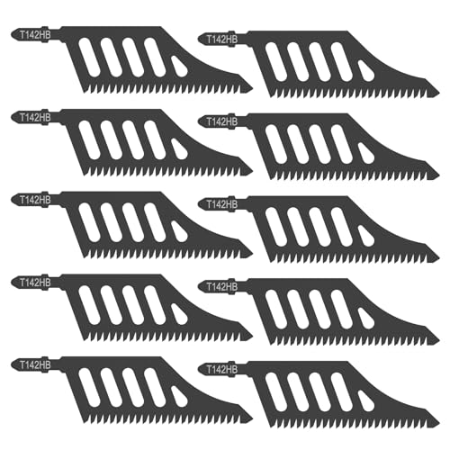 T142HB T-Shank Jigsaw Blades 10-Pack, 112mm 11TPI High Carbon Steel Jig Saw Blade for Flush Cut & Deep Wood Cutting, Compatible with Bosch, Dewalt,