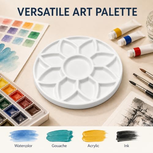 7 Inch Ceramic Watercolor Palette, Round White Flower Paint Tray