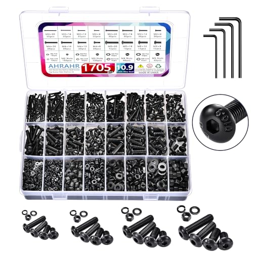 1705 Pcs Machine Screw Assortment Kit, M2 M3 M4 M5 Metric Bolts and Nuts Kit with Lock and Flat Washers, Hex Button Head 10.9 Alloy Steel Cap Screw Set with Allen Wrench - color: Black-Hex Socket Button Head 1705 Pcs