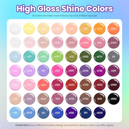 Beetles Gel Nail Polish Set, 63 PCS 55 Colors Gel Polish Kit with Base Coat - color: Vibrant Holiday - 55 Colors (63 Pcs)