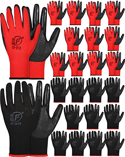 Nuogo 24 Pairs Gardening Gloves for Men Women Rubber Coated Landscaping Work Gloves Safety Work Construction - color: Black, Red