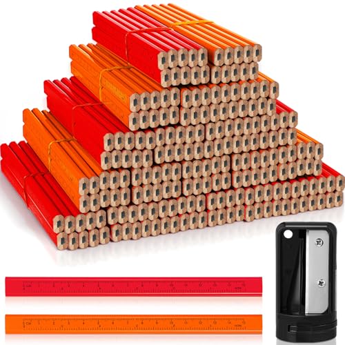 Honoson 200 Pcs Flat Construction Pencils with Printed Ruler Wood Graphite 2 Pcs Carpenter Pencil Sharpener for Woodworking Marking Tool (Orange and Red) - color: Orange and Red