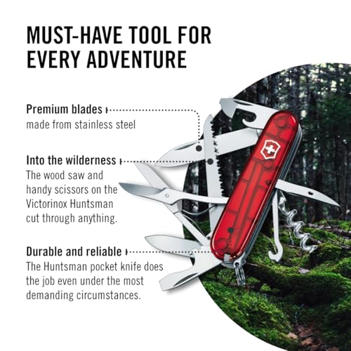 Victorinox Huntsman Swiss Army, 15 Function Pocket Knife, Red Transparent - color: Red Transparent, style: Single Knife