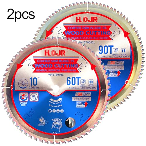 2-Pack 10" 60T & 90T 5/8" Arbor Woodworking Circular Saw Blade, Framing/Universal Wood Cutting Saw Blade,Special Anti-Thermal Adhesion Coating on Cutting Edge-TA, 10" 60T&90T 5/8" - size: 10" 60T+10" 90T