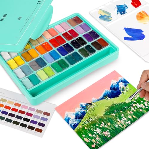 HIMI Gouache Paint Set, 48 Colors x 0.4 oz, Twin Jelly Cup, 3 Brushes - color: 48 colors