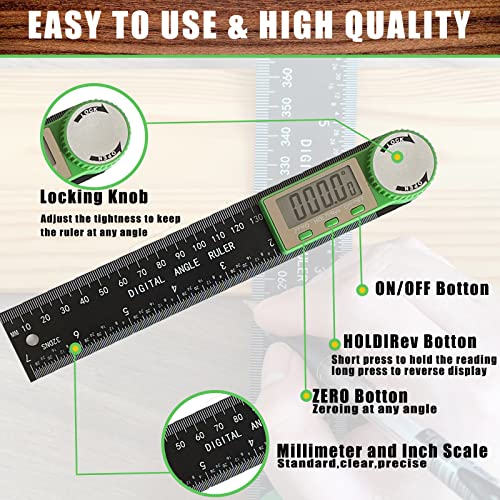 Digital Angle Finder Protractor, 2-in-1 Miter Saw, 7 Inch/200mm ABS Ruler, High Accuracy Measuring Tool for Woodworking, Metalworking, Carpenter, Construction - color: Green