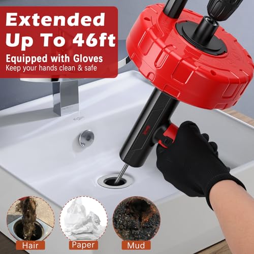 46 FT Drain Snake 11-in-1 Double Mode Drain Auger Tools | Drain Unblocking, Plumbing Snake for Kitchen, Bathrom and Shower Sink, Drain Clog Remover for Real DYIs 2026 Upgraded - color: Red&Black-46FT-YY