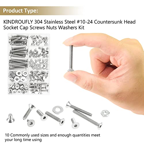 152 Pieces #10-24 x 5/16", 3/8", 1/2", 5/8", 3/4", 1", 1-1/4", 1-1/2", Countersunk Head Socket Cap Screws Nuts Washers Assortment Kit, 304 Stainless Steel, Fully Machine Thread - size: #10-24, style: Countersunk Head