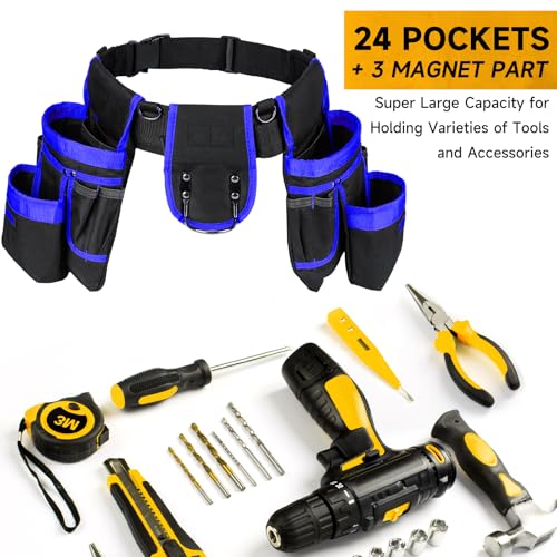Tool Belt with 4 D-Rings,27-Pockets Tool Belts for Men,Construction - color: Blue & Black, size: 27 Pockets with Magnet Pouch