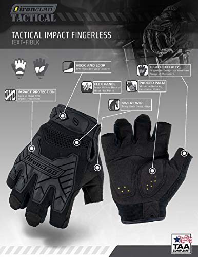 Ironclad IEXT-FIBLK-03-M Tactical Fingerless Impact Glove Black, Medium