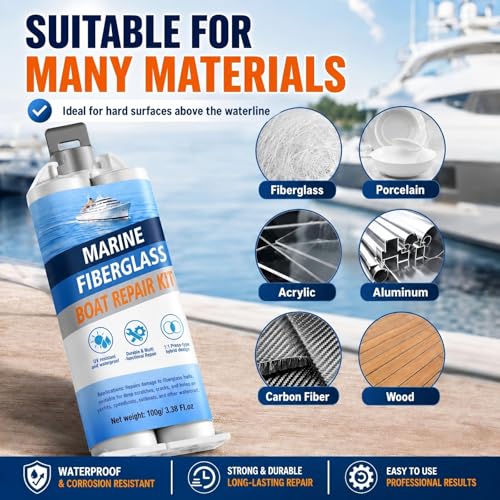 Marine Fiberglass Repair Kit for Boats, Gel Coat Repair Kit with Waterproof Epoxy Filler, Boat Fiberglass Repair Kit to Fix Holes, Chips, Deep Cracks & Scratches, White, Above-Waterline Use