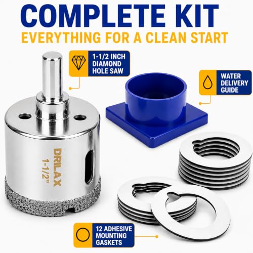 Drilax 1-1/2 Inch Diamond Hole Saw with Water Delivery System Guide Easy Drilling for Quartz, Granite, Marble, Porcelain, Ceramic, Glass Tiles - Complete Kit for Precise DIY Holes 1.5 inch - size: 1-1/2 inch