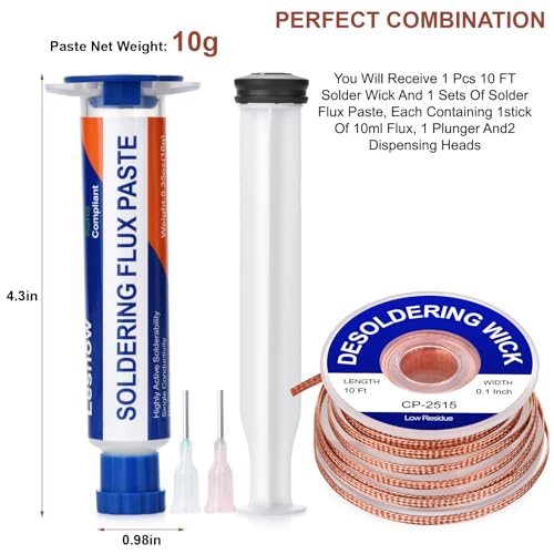 Solder Flux Paste And Solder Wick Braid, No Clean Soldering Flux(10cc) Soldering Remover Tool, 10ft Desoldering Wick Braid For Electronics Repair For Disassemble Electrical Components - style: 1pcs+1pcs
