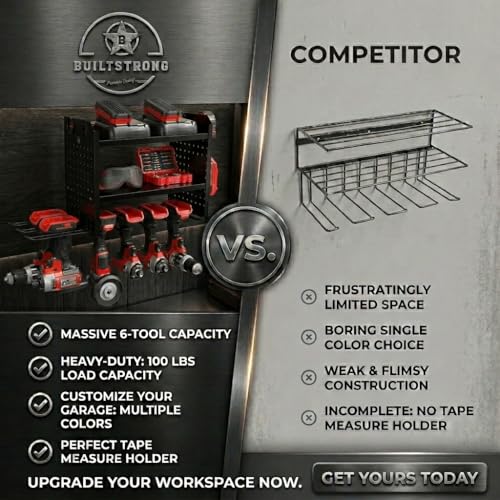 BUILTSTRONG Power Tool Organizer Wall Mount – 3-Tier Heavy-Duty Steel Rack, 6 Drill Slots, Dual Pegboard Sides, Side-by-Side Modular, 100 lb Capacity – Garage & Workshop (Black) - color: Black, size: 6 Drill Holder