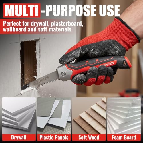 Folding Drywall Saw, Jab Saw for Drywall & Wood | Triple-Ground Teeth, Hardened 65Mn Blade, Safety Lock, Ergonomic TPR Grip, Portable Belt Sheath
