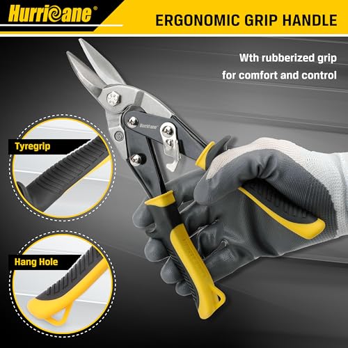 HURRICANE 3 pc Aviation Tin Snips Set, 10 Inch Metal Shears for Straight, Left & Right Curves, Cr-V Steel Blades, Non-Slip TyreGrip Handle, Safety Latch, for Sheet Metal, Gutter, HVAC, DIY - size: 3 Piece Regular Set: Straight, Left, Right