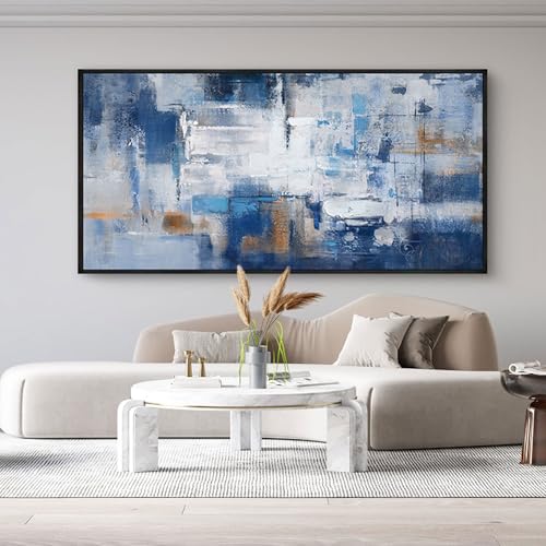KLAKLA Blue Abstract Canvas Wall Art - Black Frame Artwork Picture Living Room Wall Decor Modern Paintings Large Wall Art for Bedroom Home Decoration - color: Blue-White-Gray + Black frame, size: 40"L x 20"W