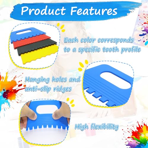 Textured Art Tools, 4 Pcs with 4 Colors & Texture Designs Plastic Flexible Spreader Tool for Plaster Paint Scraper, DIY Graffiti Oil Painting, Plaster Art Pottery Scraper (Multicolor)