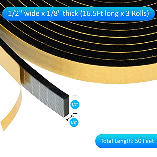 High Density Foam Weather Stripping Door Seal Strip Insulation Tape Roll for Insulating Door Frame, Window, Air Conditioner | Self Adhesive Sealing Weatherstrip (Black, 1/2 in x 1/8 in x 50) - color: Black, size: 1/2 In x 1/8 In x 50 Ft