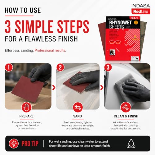 INDASA Rhynowet Red Line Wet Dry Sanding Sheets 9 x 11 Inch 800 Grit Waterproof Latex Backing Abrasive Paper for Wood Metal Automotive Surface Prep Pack of 50 - size: 800-Grit 9"x11"