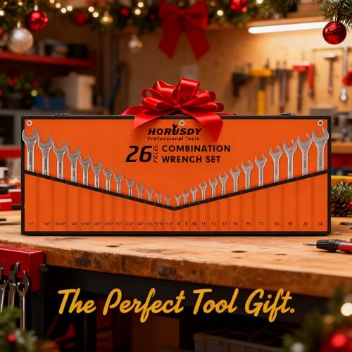 HORUSDY 26-Piece Durable Combination Wrench Set with Roll-up Pouch, Open End Wrench Set for General Household, Garage, Auto Repairs, SAE 1/4” - 1” and Metric 8mm - 24mm - style: Combination Wrench Set