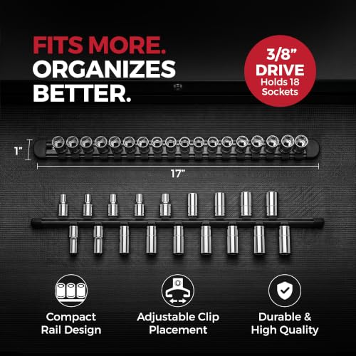 Olsa Tools 3/8-Inch Socket Organizer Rail with Locking Caps, Black - color: Black, size: 3/8-Inch Drive