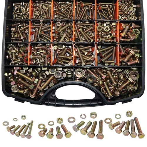 1020Pcs Grade 8.8 Metric Bolt Assortment Kit, M4 M5 M6 M8 Heavy Duty Hex Bolts & Nuts with Washers,Yellow Zinc Plated(12-30mm), Automotive/Furniture Hardware,Assorted Metric Fasteners for DIY & Repair