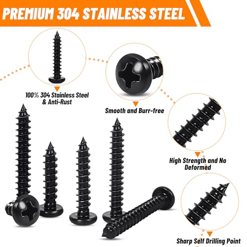 410 PSC Stainless Steel Black Screw Assortment Kit - #4#6#8#10 Phillips Pan Head, Self-Tapping for Wood & Metal - size: 410PCS Black