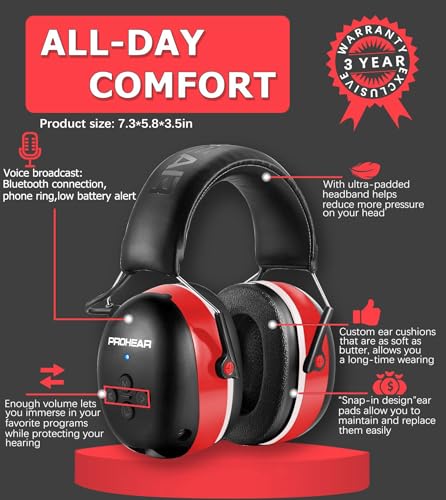 PROHEAR 037 Bluetooth 6.0 Hearing Protection Headphones with Rechargeable 1100mAh Battery, 30dB SNR Safety Noise Reduction Ear Muffs with 120H Playtime for Mowing - Red - color: 037red