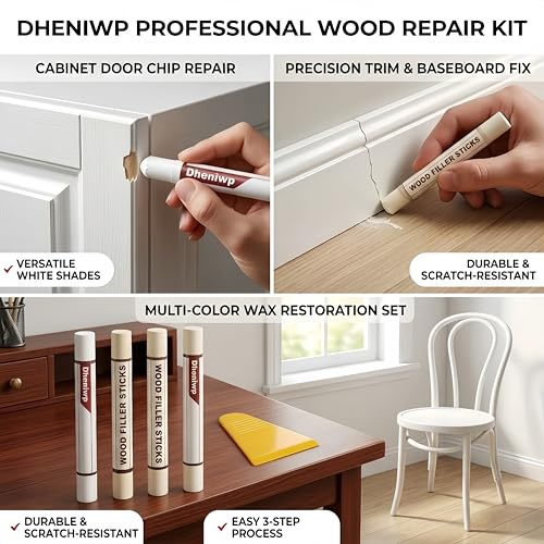 4-Color White Wood Repair Wax Sticks: Pure/Milk/Ivory/Warm White - Fix Furniture Scratches, Baseboard Nail Holes, Cabinets, Trim & Doors | Wood Filler Putty Kit