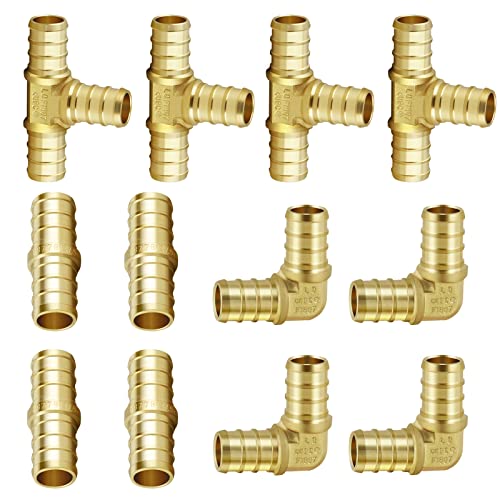 12PCS PEX Fitting Combo with 1/2'' Straight Coupling (4PCS), 1/2" 90 Degree Elbow (4PCS), 1/2" PEX Tees(4PCS), Brass Barb Crimp Pipe Hose Fittings in Plumbing Jobs