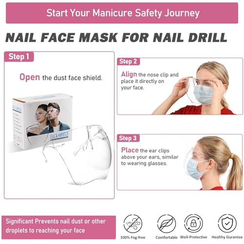 Face Shield Mask, Face Mask for Nail Drill, Clear Mask Full Face Protection, Reusable Anti-Fogging Exhaust Face Shield for Nail Art Tools Salon Studio Artists Enthusiasts Technicians
