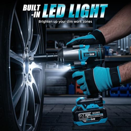 Bluebow Cordless Impact Wrench, 737.5 ft-lbs (1000 N·m) Brushless Impact Wrench with 2x4.0Ah Battery, 1/2" 3-Speed Modes Impact Gun with 4 Sockets for Pickup, Truck, Home Car - size: Medium